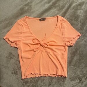 Peach Ribbed Tie-Front Top
